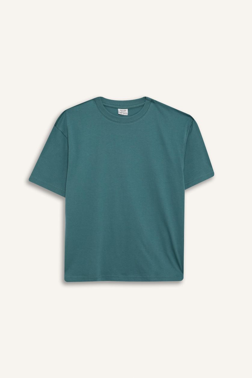 Boys & Teens Green Boy Oversize Crew Neck Basic T-Shirt