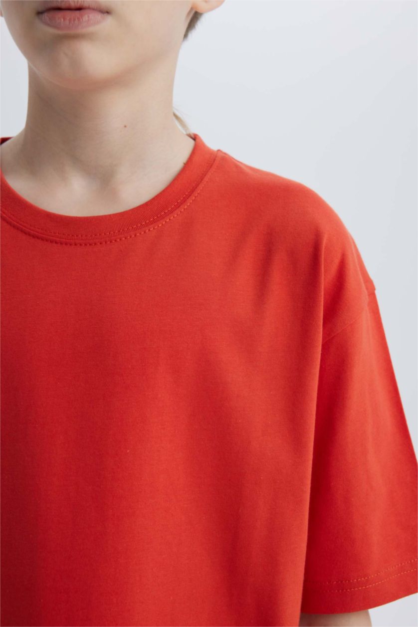 Erkek Çocuk - Genç Erkek Koyu Turuncu Oversize Geniş Kalıp Bisiklet Yaka Basic Düz Kısa Kollu Tişört Erkek Çocuk