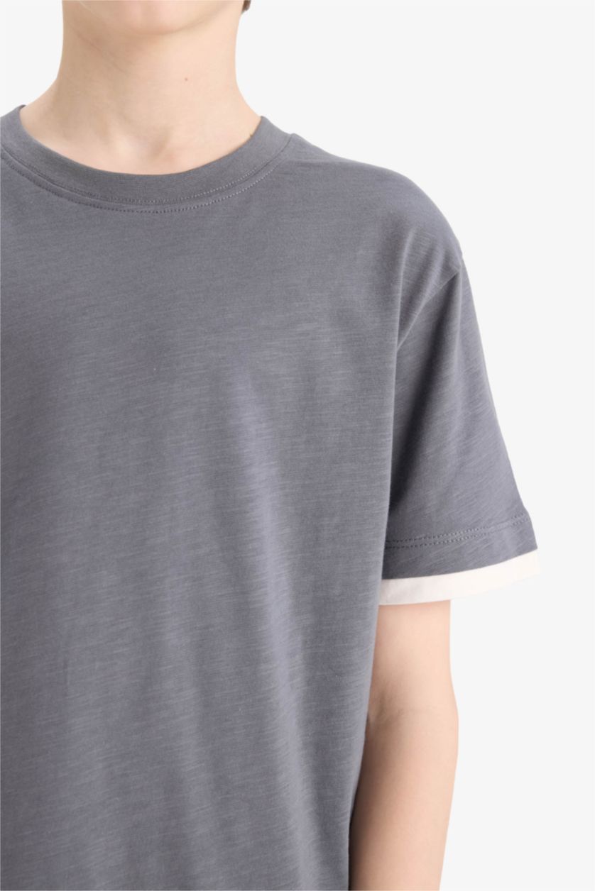 Erkek Çocuk - Genç Erkek Antrasit Bisiklet Yaka Basic Düz Kısa Kollu Tişört Erkek Çocuk