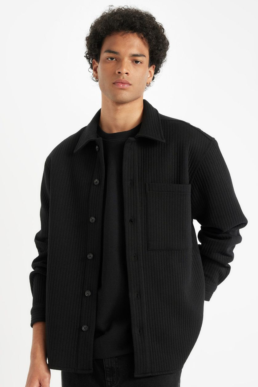 رجالي أسود قميص كم طويل محبوك قصة عادية