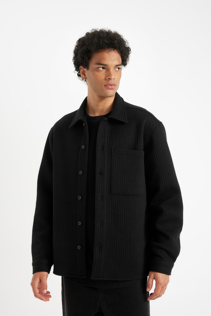 رجالي أسود قميص كم طويل محبوك قصة عادية