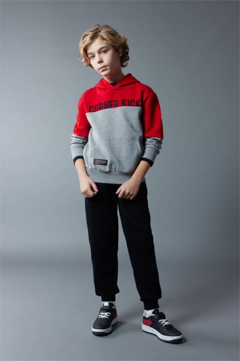 BOYS & TEENS Dark Grey Melange Boy Hooded Printed Thick Sweatshirt