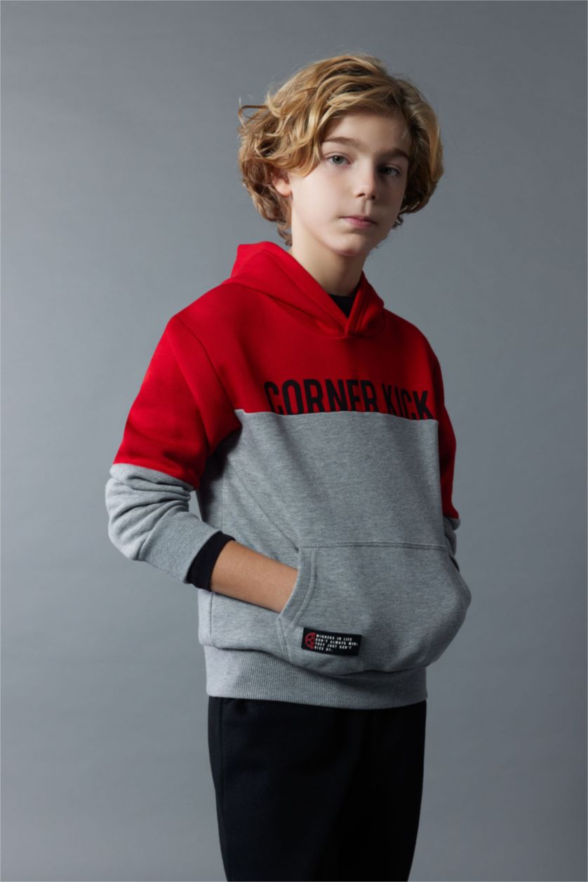 BOYS & TEENS Dark Grey Melange Boy Hooded Printed Thick Sweatshirt