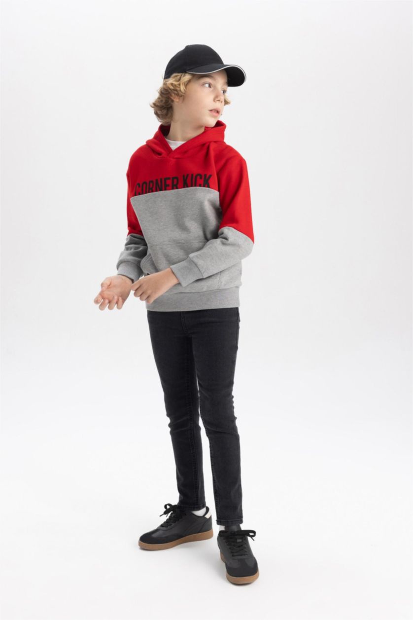 BOYS & TEENS Dark Grey Melange Boy Hooded Printed Thick Sweatshirt