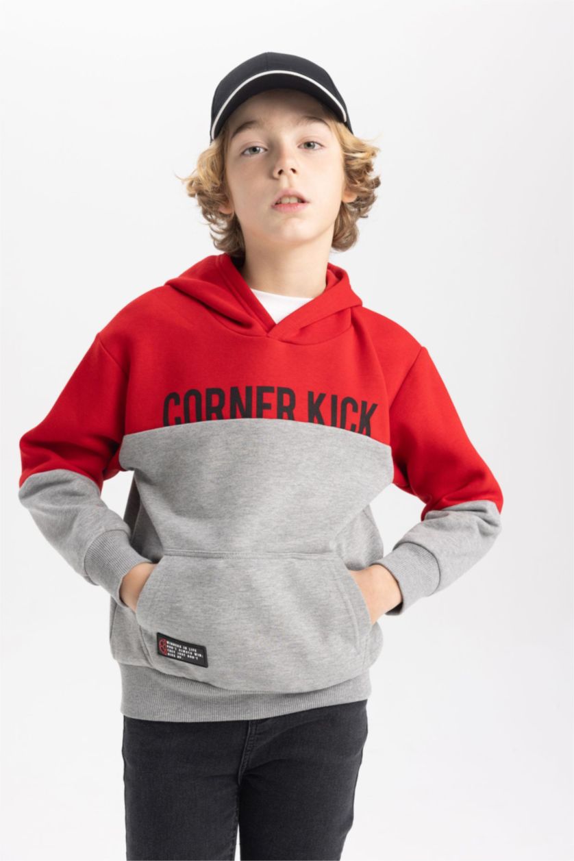 BOYS & TEENS Dark Grey Melange Boy Hooded Printed Thick Sweatshirt