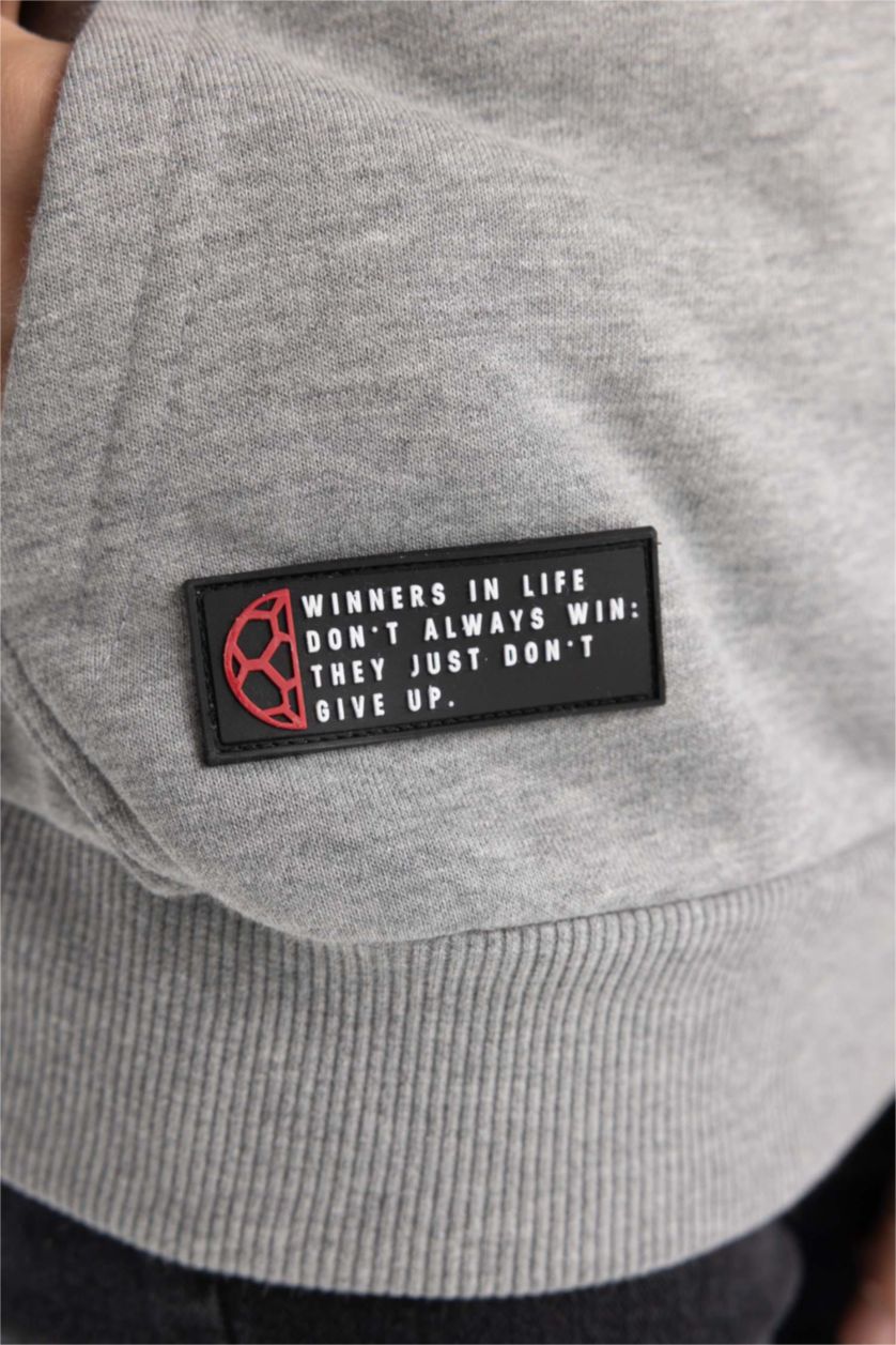 BOYS & TEENS Dark Grey Melange Boy Hooded Printed Thick Sweatshirt