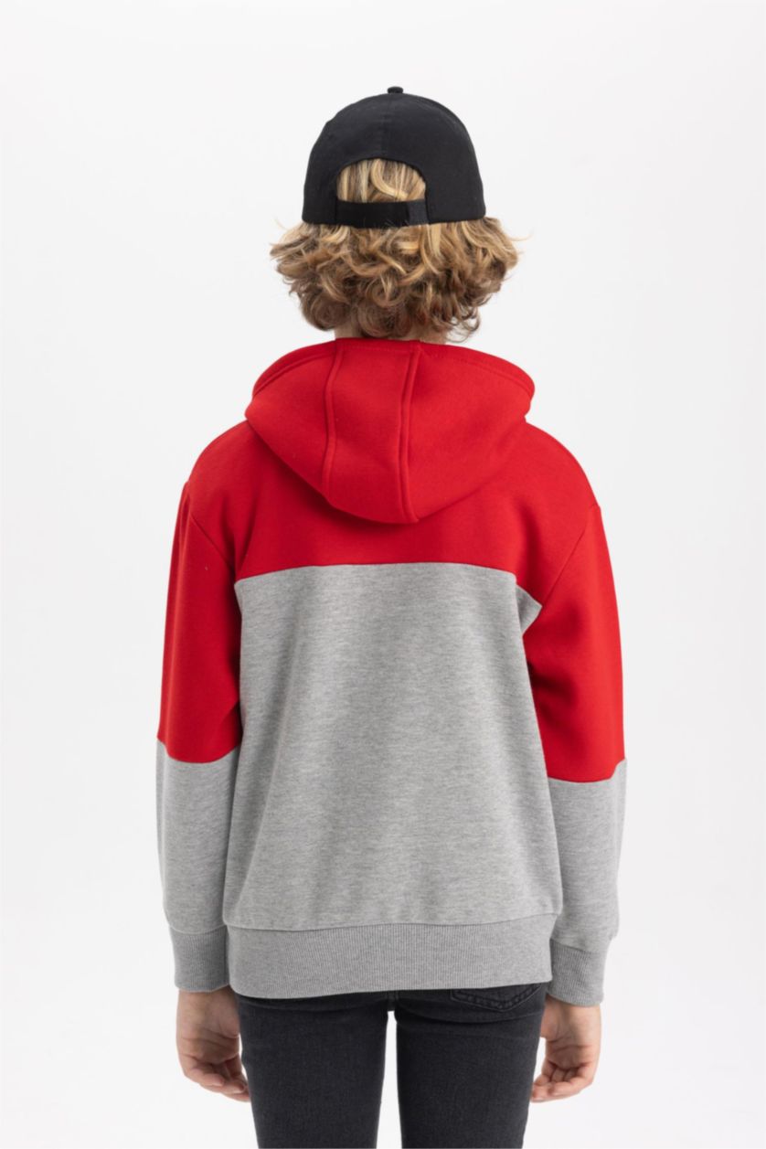 BOYS & TEENS Dark Grey Melange Boy Hooded Printed Thick Sweatshirt