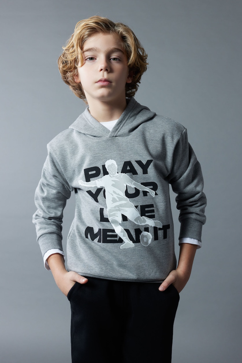 Erkek Çocuk - Genç Erkek Koyu Gri Melange Erkek Çocuk Kapüşonlu Baskılı Kalın Sweatshirt 