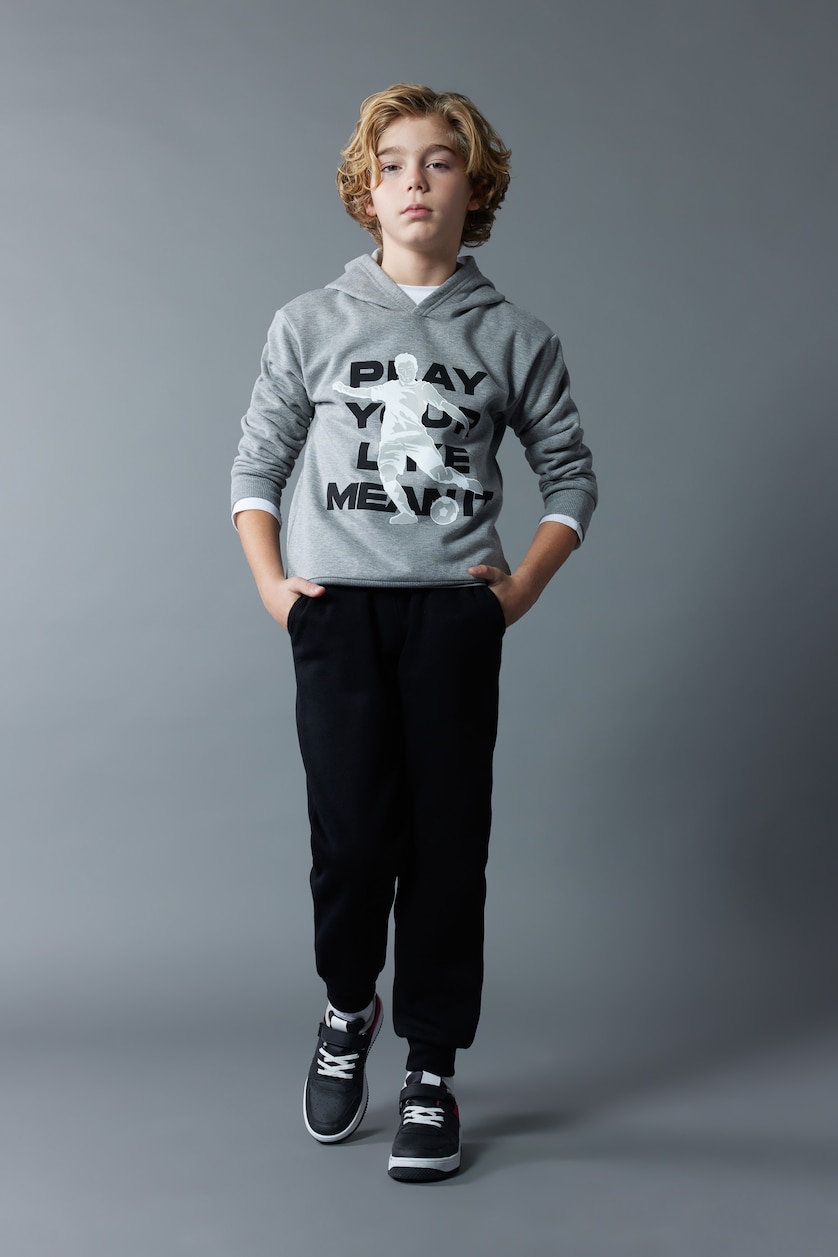 Erkek Çocuk - Genç Erkek Koyu Gri Melange Erkek Çocuk Kapüşonlu Baskılı Kalın Sweatshirt 