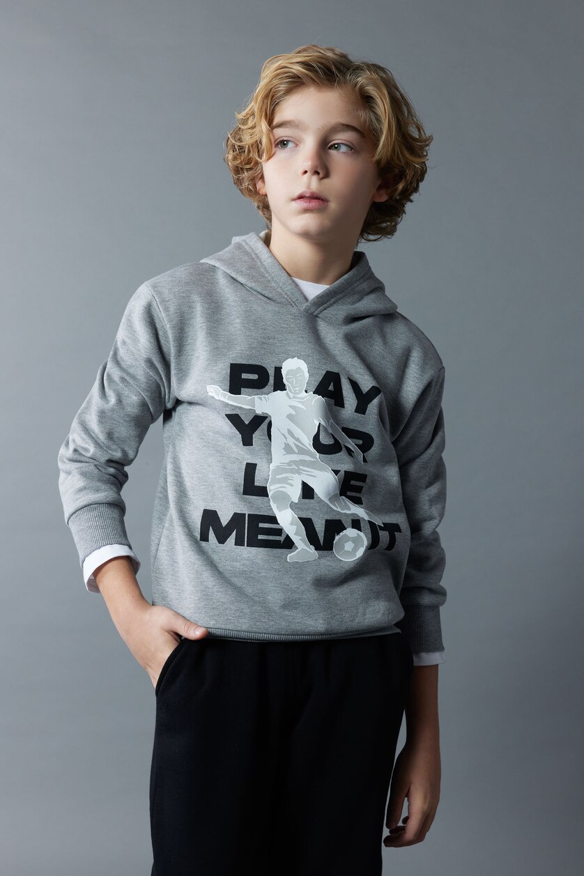 Erkek Çocuk - Genç Erkek Koyu Gri Melange Erkek Çocuk Kapüşonlu Baskılı Kalın Sweatshirt 