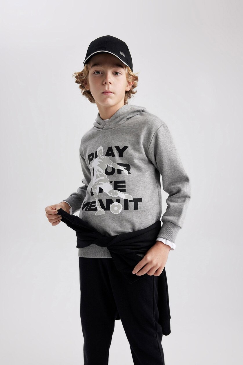 Erkek Çocuk - Genç Erkek Koyu Gri Melange Erkek Çocuk Kapüşonlu Baskılı Kalın Sweatshirt 