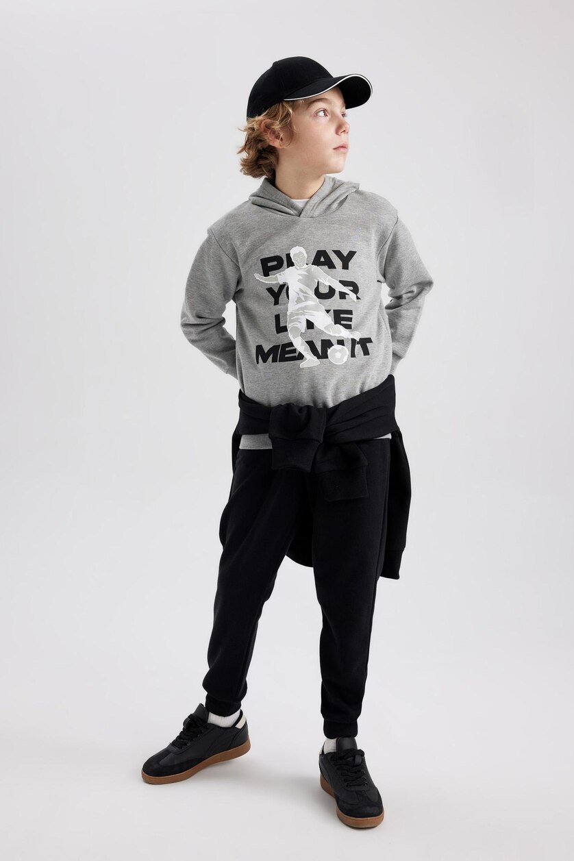 Erkek Çocuk - Genç Erkek Koyu Gri Melange Erkek Çocuk Kapüşonlu Baskılı Kalın Sweatshirt 