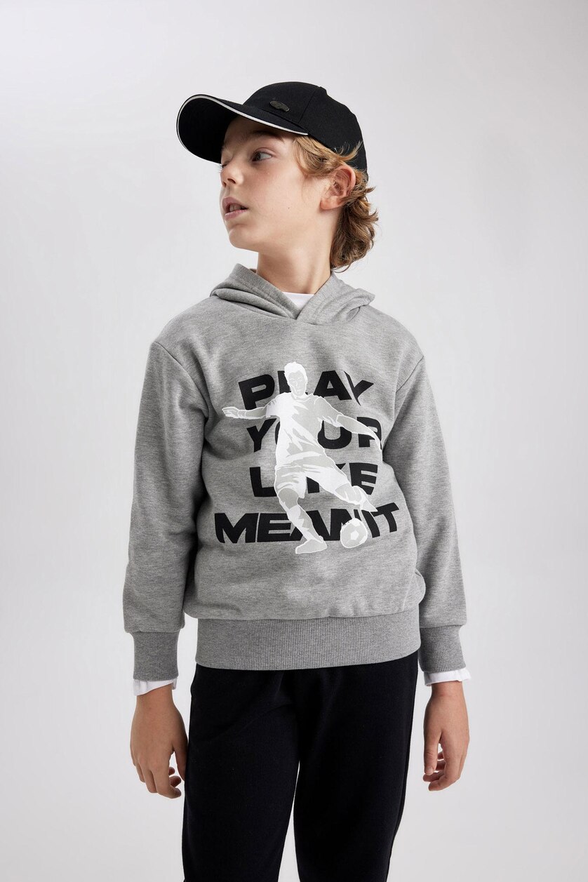 Erkek Çocuk - Genç Erkek Koyu Gri Melange Erkek Çocuk Kapüşonlu Baskılı Kalın Sweatshirt 
