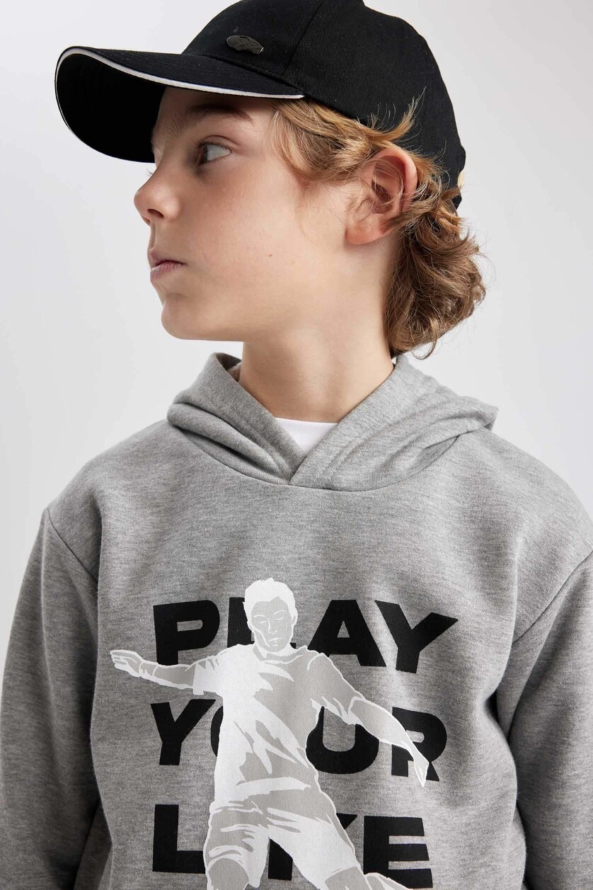 Erkek Çocuk - Genç Erkek Koyu Gri Melange Erkek Çocuk Kapüşonlu Baskılı Kalın Sweatshirt 