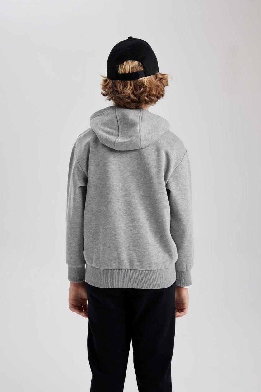 Erkek Çocuk - Genç Erkek Koyu Gri Melange Erkek Çocuk Kapüşonlu Baskılı Kalın Sweatshirt 