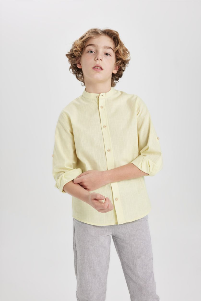 Erkek Çocuk - Genç Erkek Açık Sarı Erkek Çocuk Dik Yaka Basic Düz Uzun Kollu Gömlek