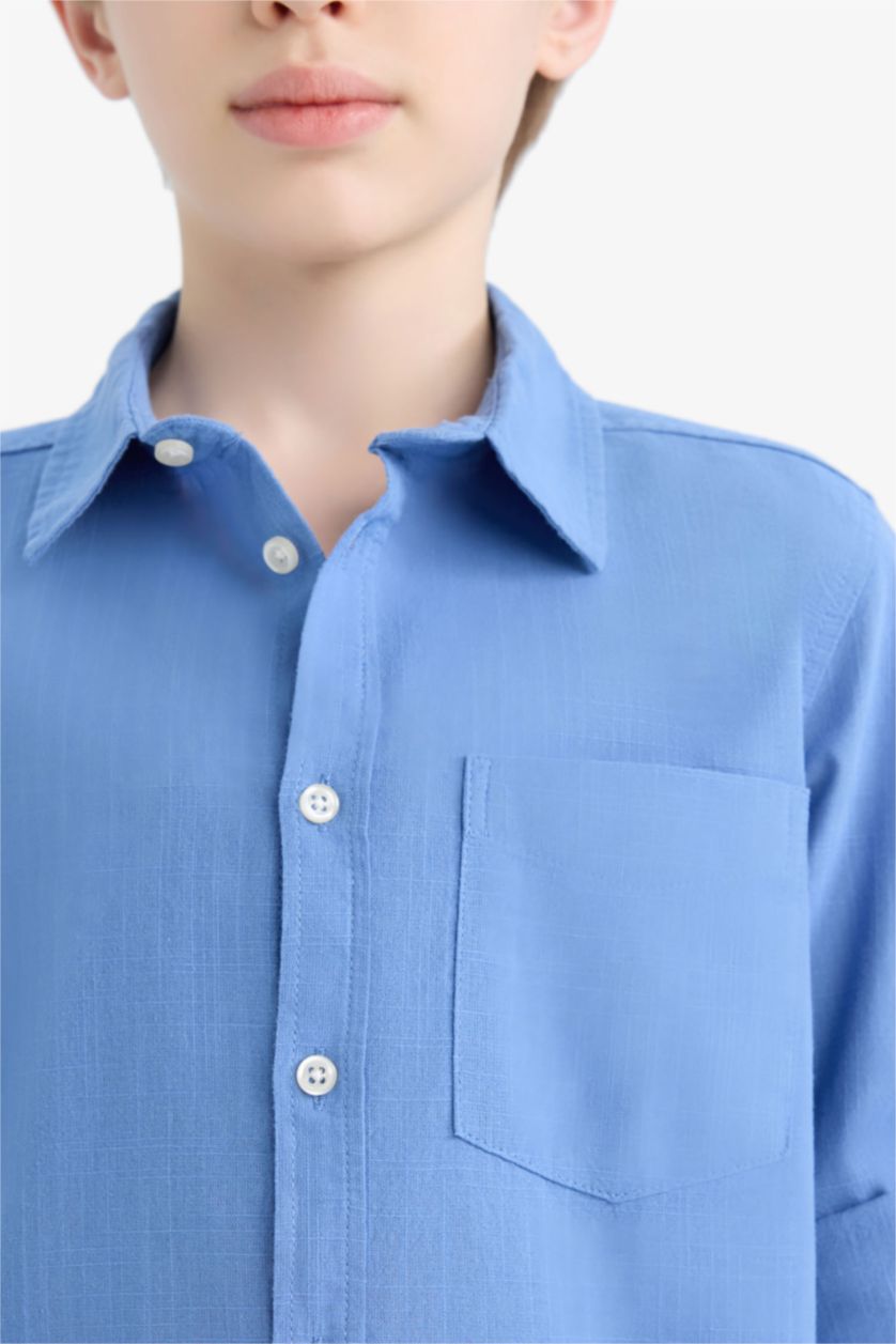 Erkek Çocuk - Genç Erkek Koyu Mavi Polo Yaka Keten Görünümlü Uzun Kollu Gömlek Erkek Çocuk