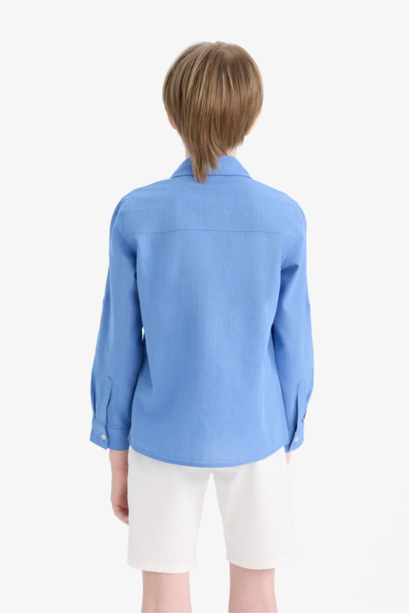 Erkek Çocuk - Genç Erkek Koyu Mavi Polo Yaka Keten Görünümlü Uzun Kollu Gömlek Erkek Çocuk