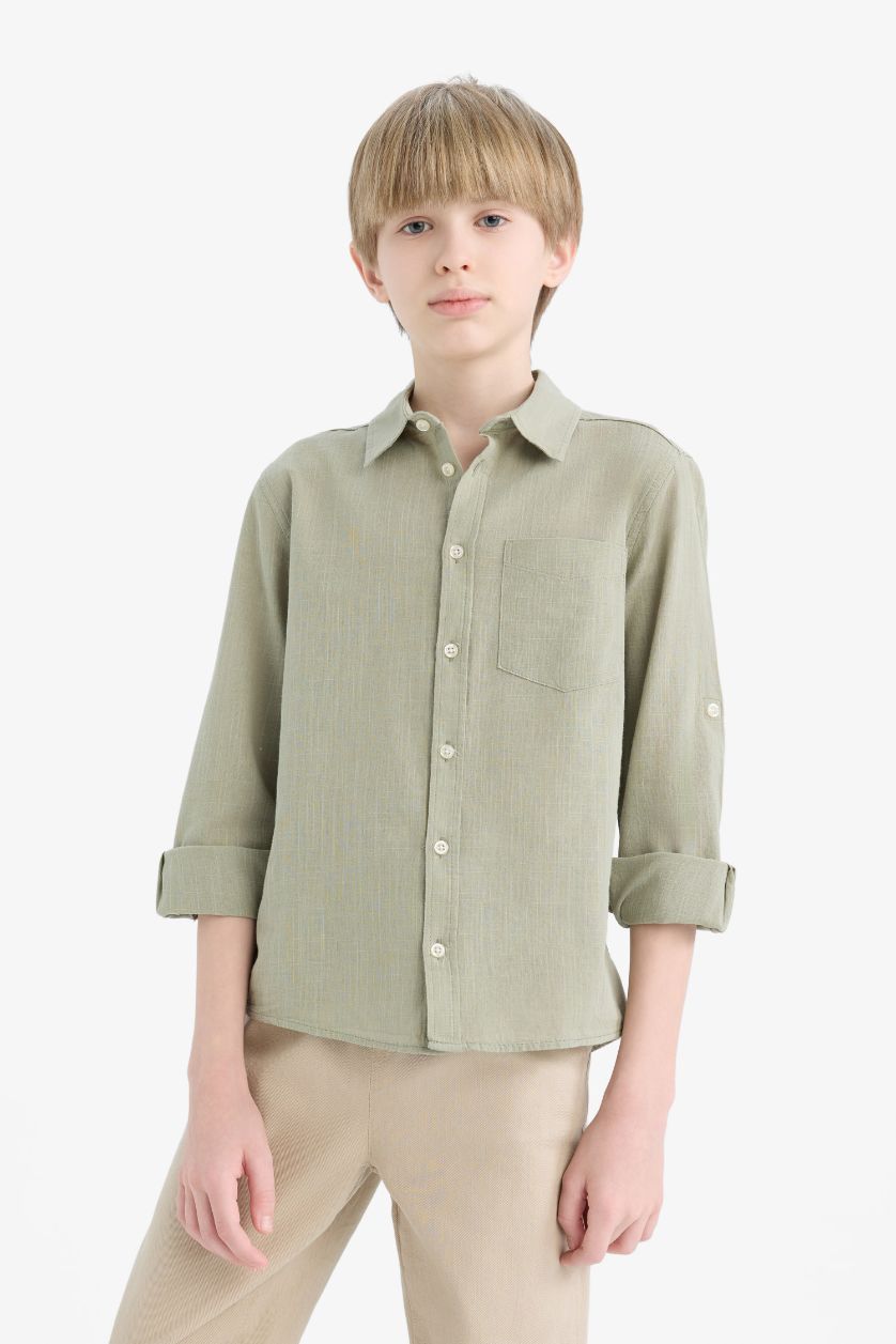 Erkek Çocuk - Genç Erkek Açık Yeşil Polo Yaka Keten Görünümlü Uzun Kollu Gömlek Erkek Çocuk