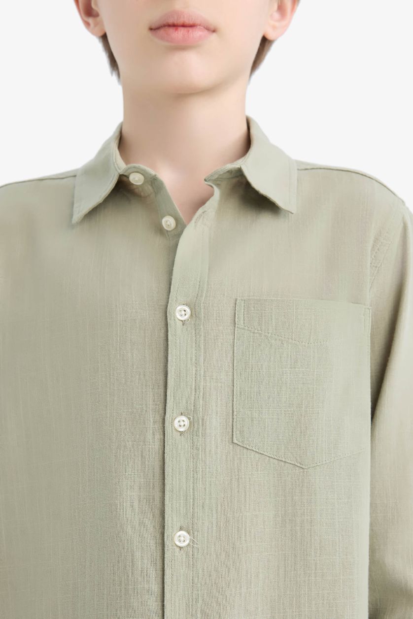 Erkek Çocuk - Genç Erkek Açık Yeşil Polo Yaka Keten Görünümlü Uzun Kollu Gömlek Erkek Çocuk