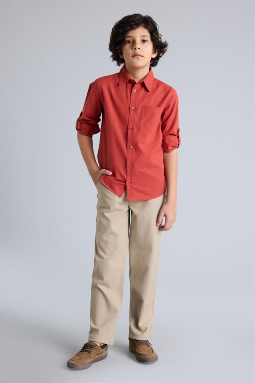 Erkek Çocuk - Genç Erkek Gülkurusu Keten Görünümlü Gömlek Erkek Çocuk