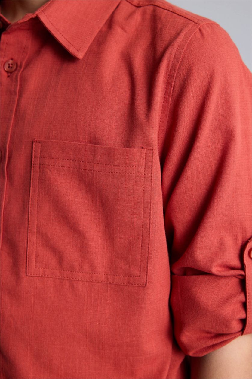 Erkek Çocuk - Genç Erkek Gülkurusu Keten Görünümlü Gömlek Erkek Çocuk