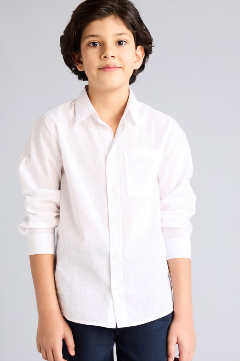 Boys & Teens White Boy Regular Fit Polo Collar Linen Look Shirt