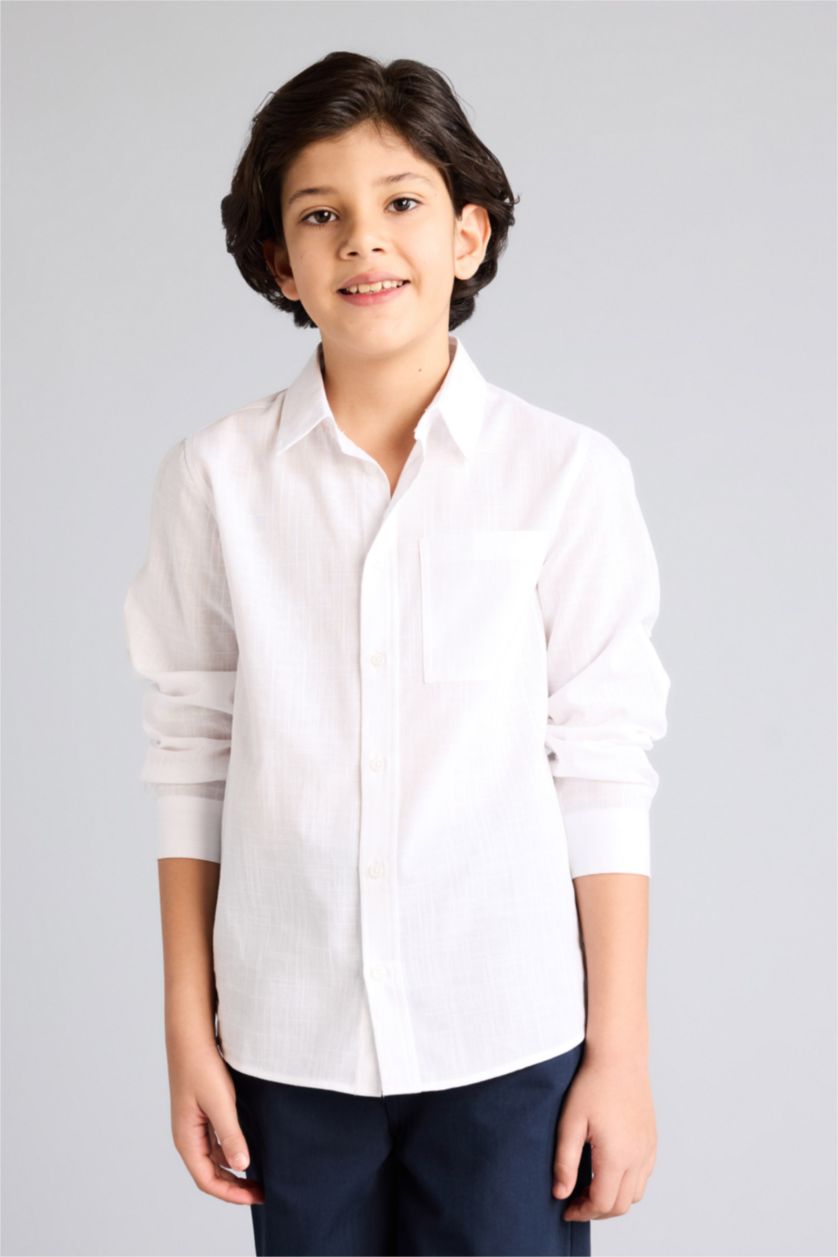 Boys & Teens White Boy Regular Fit Polo Collar Linen Look Shirt