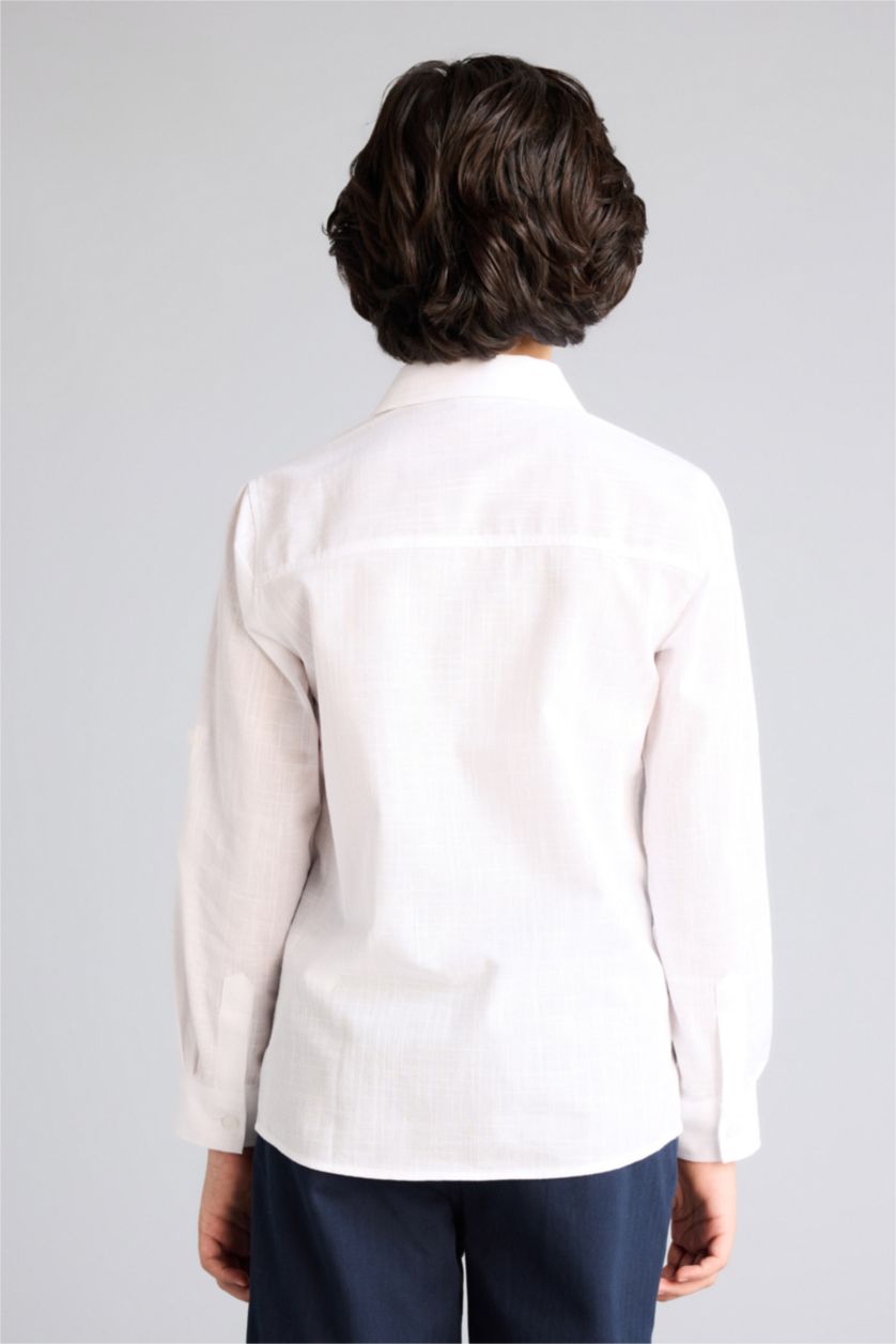 Boys & Teens White Boy Regular Fit Polo Collar Linen Look Shirt