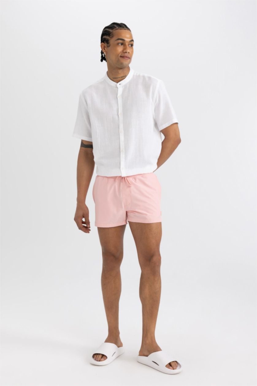 Erkek Pembe Andy Baskılı Esnek Dokulu Kısa Boy Sporcu Deniz Şortu