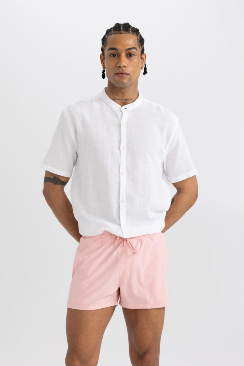 Erkek Pembe Andy Baskılı Esnek Dokulu Kısa Boy Sporcu Deniz Şortu