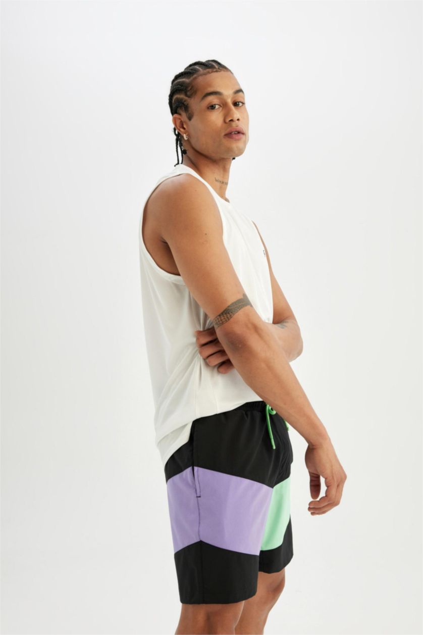 MAN Black DeFactoFit Regular Fit Printed Flexible Textured Short Swim Shorts