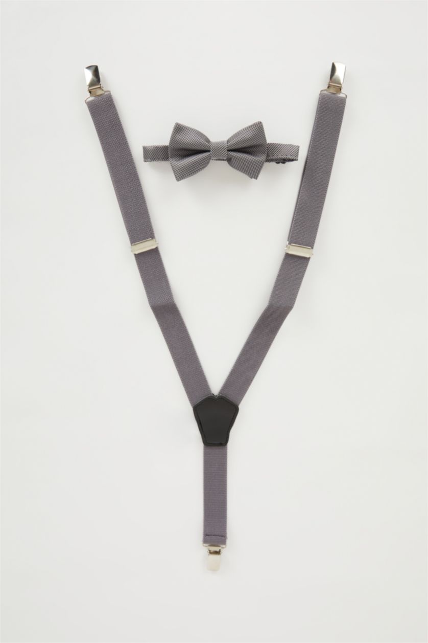 Erkek Çocuk - Genç Erkek Gri Erkek Çocuk 2'li Takım Pantolon Askısı Papyon