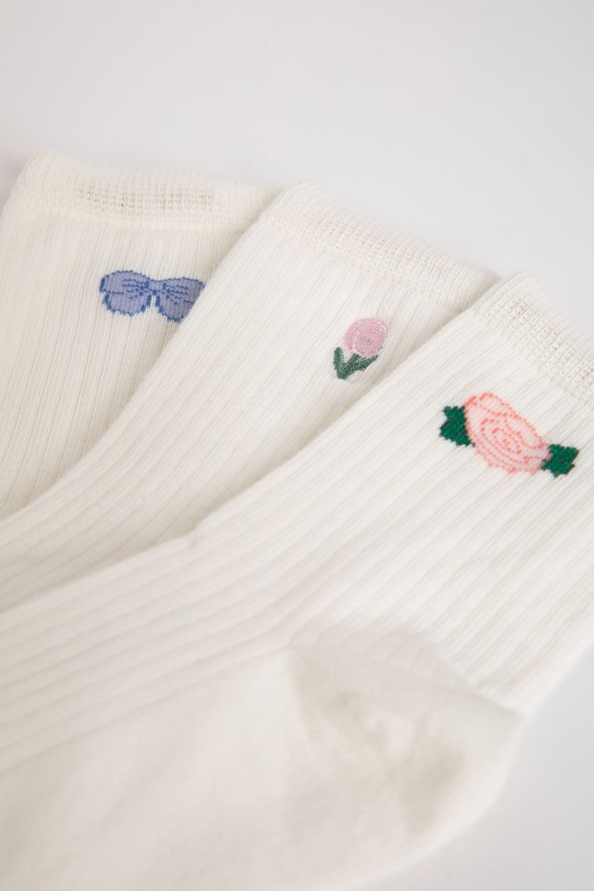نساء أبيض (000) جوارب نسائي طويلة قطن مطرز - 3 قطع