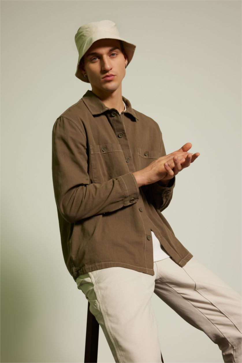 رجالي كاكي قميص كم طويل قطن قصة مريحة