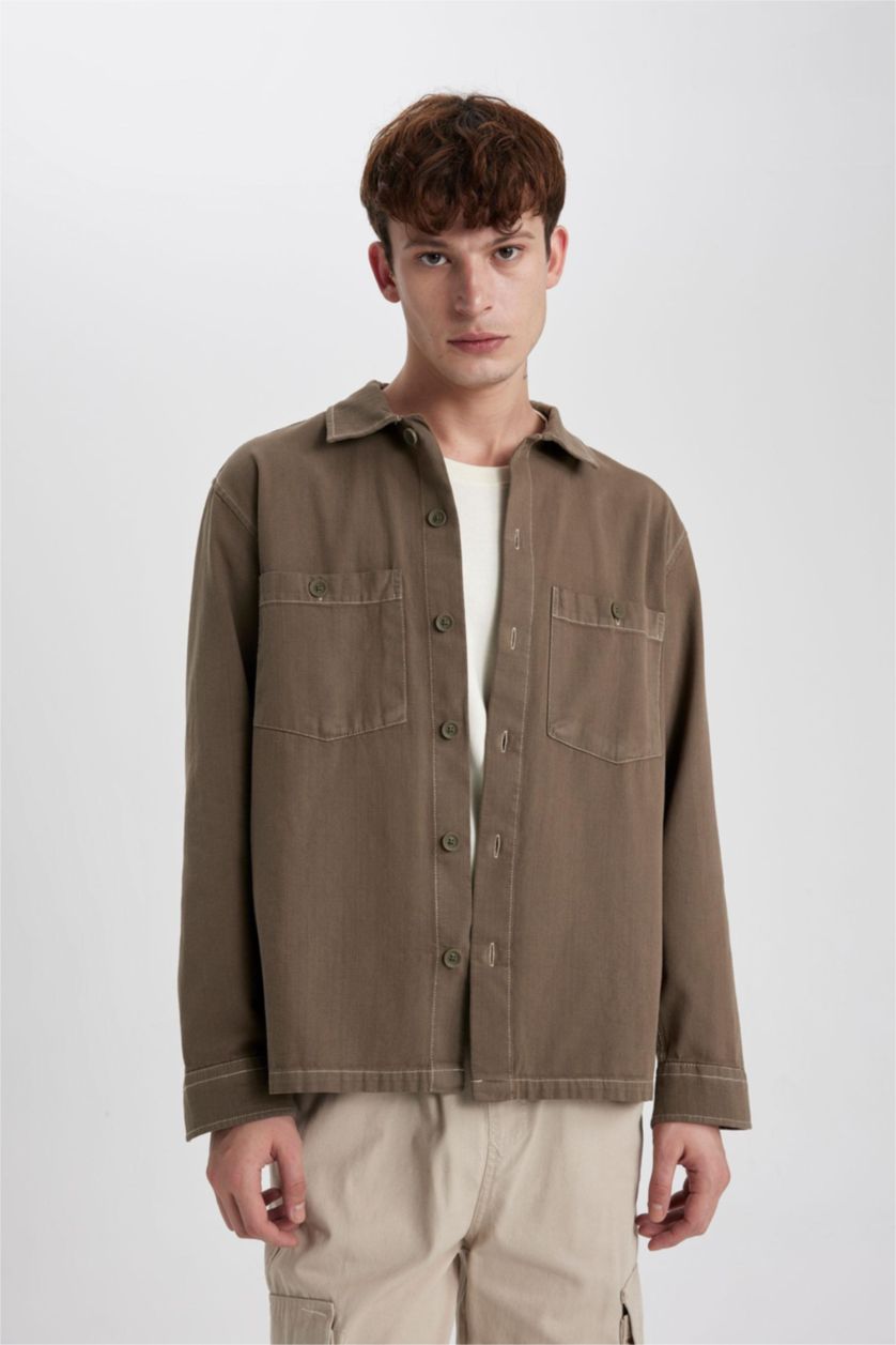 رجالي كاكي قميص كم طويل قطن قصة مريحة