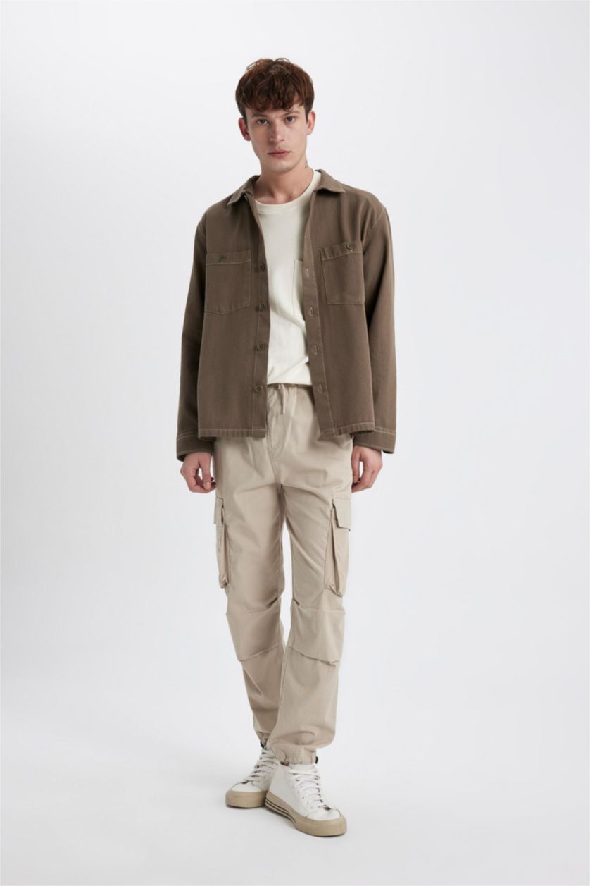 رجالي كاكي قميص كم طويل قطن قصة مريحة