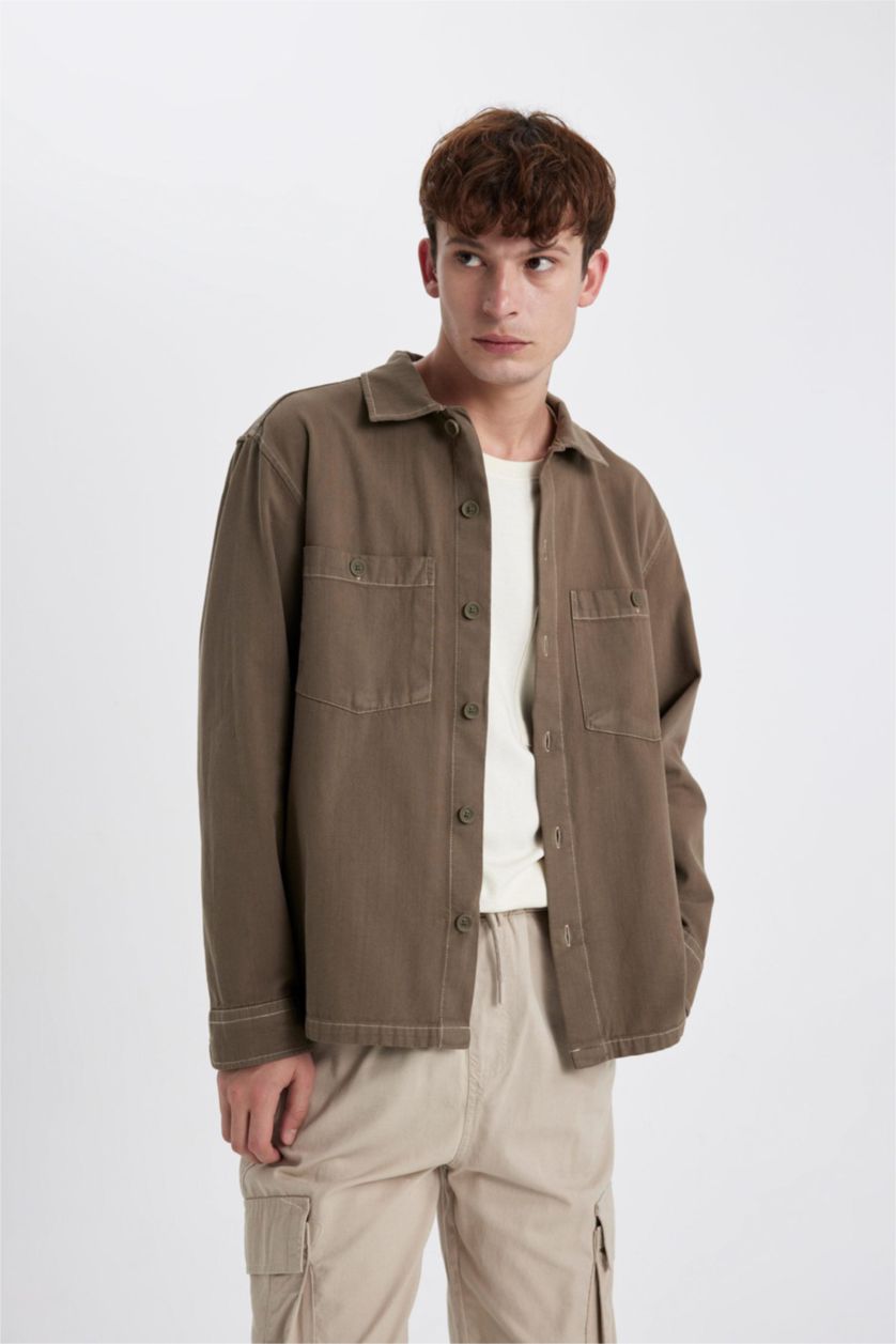 رجالي كاكي قميص كم طويل قطن قصة مريحة