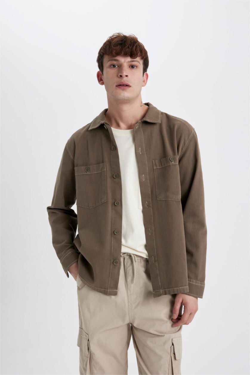 رجالي كاكي قميص كم طويل قطن قصة مريحة