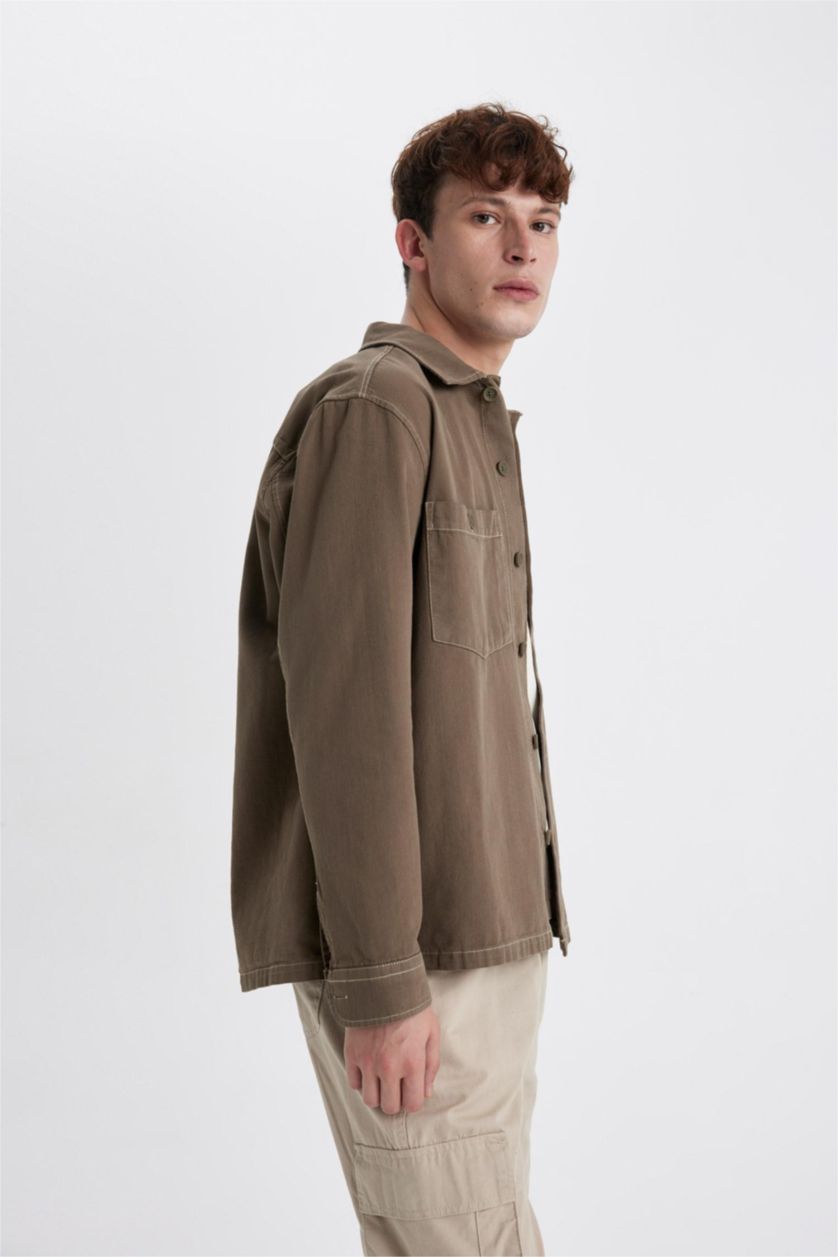 رجالي كاكي قميص كم طويل قطن قصة مريحة