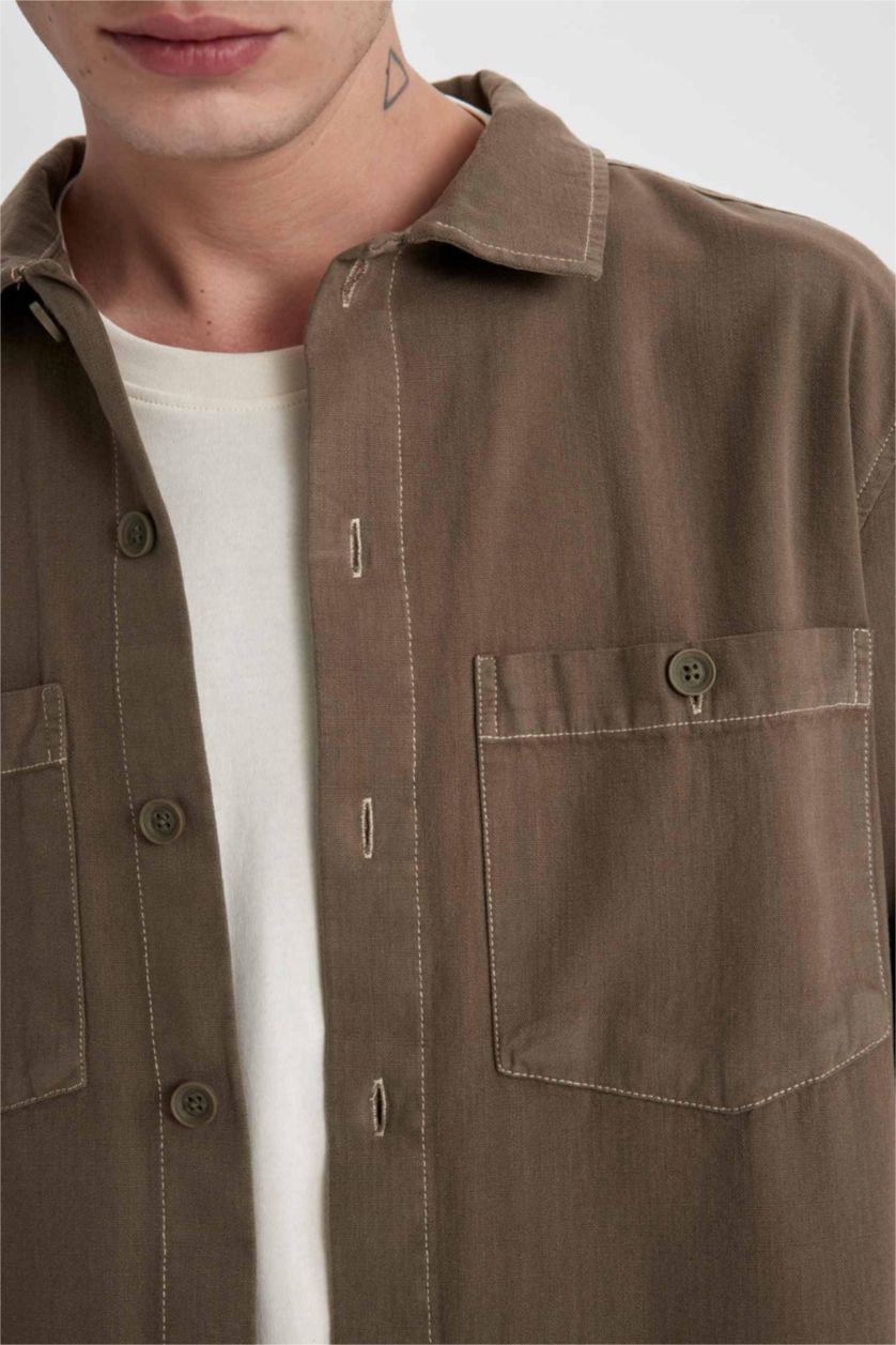 رجالي كاكي قميص كم طويل قطن قصة مريحة