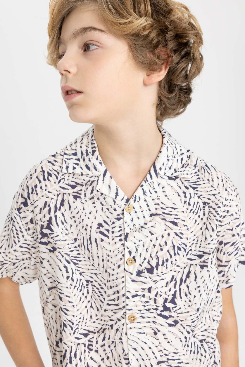 Boys & Teens Ecru Boy Oversize Fit Polo Neck Viscose Short Sleeve Shirt