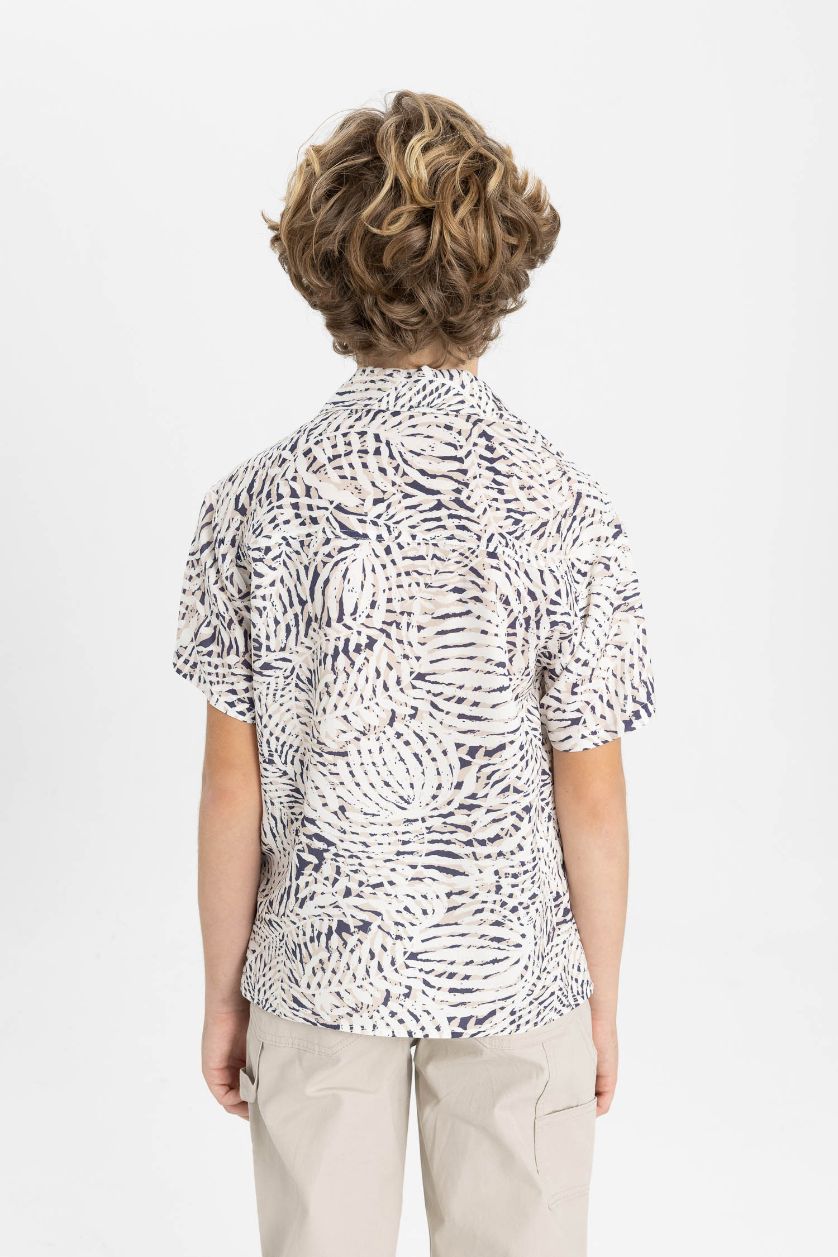 Boys & Teens Ecru Boy Oversize Fit Polo Neck Viscose Short Sleeve Shirt