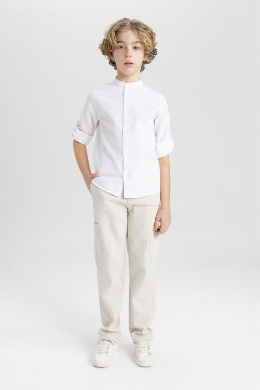 أولادي أبيض قميص اولادي كم طويل منسوج قصة عادية وياقة عالية