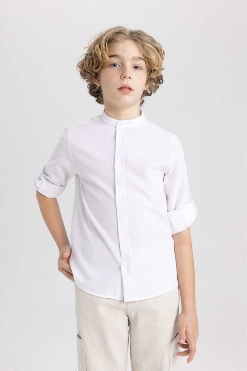 أولادي أبيض قميص اولادي كم طويل منسوج قصة عادية وياقة عالية