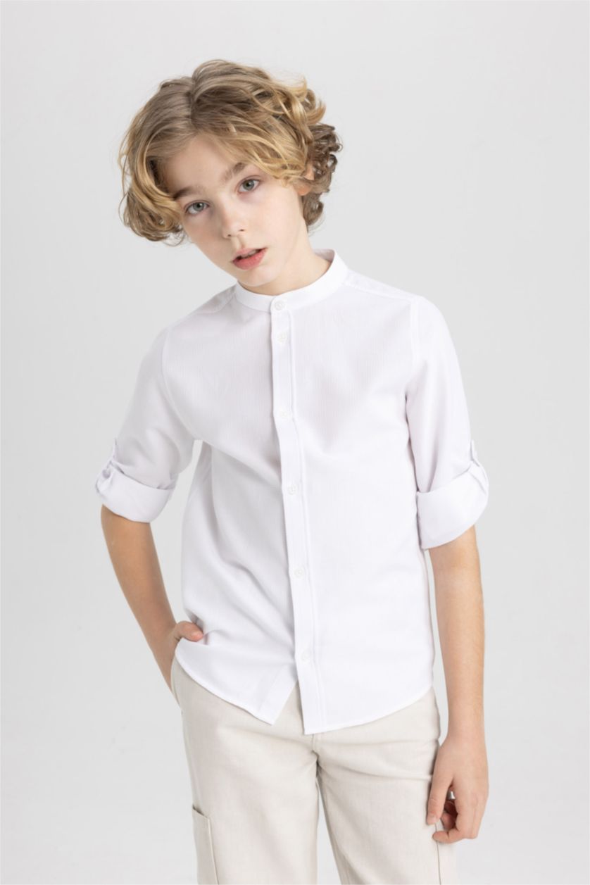 أولادي أبيض قميص اولادي كم طويل منسوج قصة عادية وياقة عالية