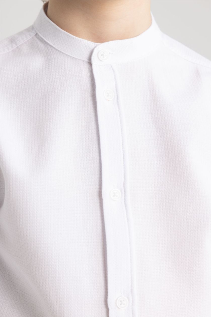 أولادي أبيض قميص اولادي كم طويل منسوج قصة عادية وياقة عالية