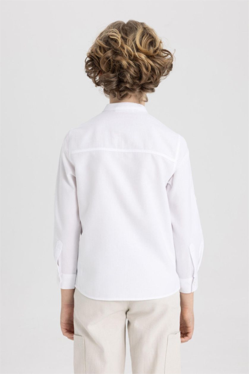 أولادي أبيض قميص اولادي كم طويل منسوج قصة عادية وياقة عالية