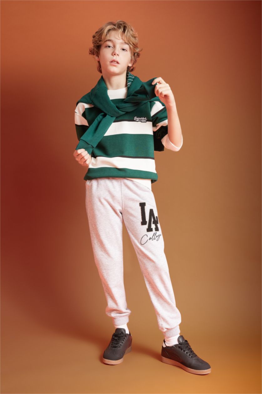 Erkek Çocuk - Genç Erkek Ekru Oversize Geniş Kalıp Bisiklet Yaka Çizgili Sweatshirt Erkek Çocuk