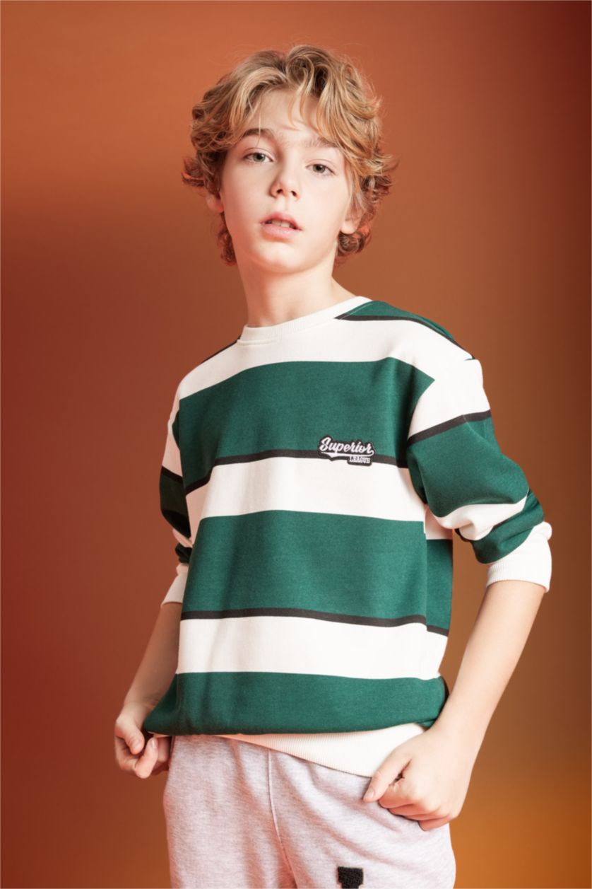 Erkek Çocuk - Genç Erkek Ekru Oversize Geniş Kalıp Bisiklet Yaka Çizgili Sweatshirt Erkek Çocuk